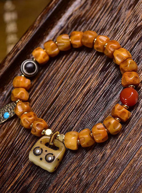 藏传回流骨大肠文玩手串藏式男女复古雕刻百香籽牦牛骨手链饰品