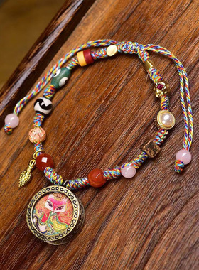 纯手工编制玛瑙天珠手绳可调节藏式文玩狐狸小唐卡吊坠单圈手链