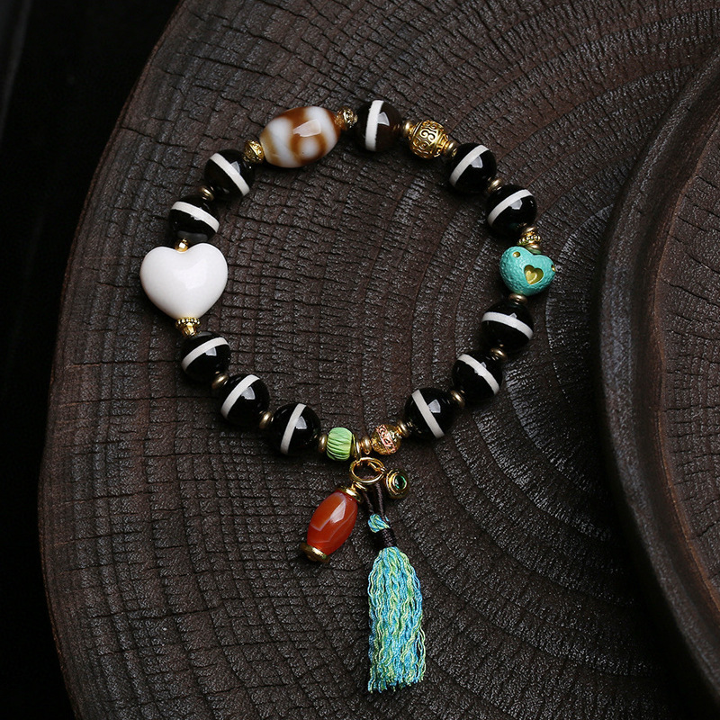 天然老西亚镶蚀线珠文玩手串单圈根付彩绘寿桃爱心配饰佛珠手链