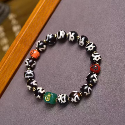 天然玛瑙财神天珠手链料器铜卡子配饰文玩佛珠民族风复古单圈手串