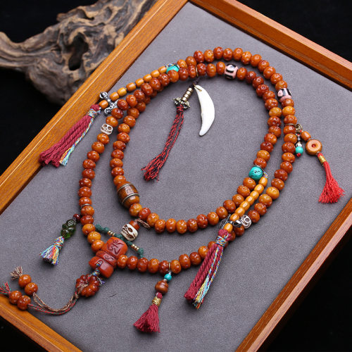 藏民回流牦牛骨雕刻陨石坑108颗佛珠念珠玛瑙天珠琉璃骆驼骨配饰
