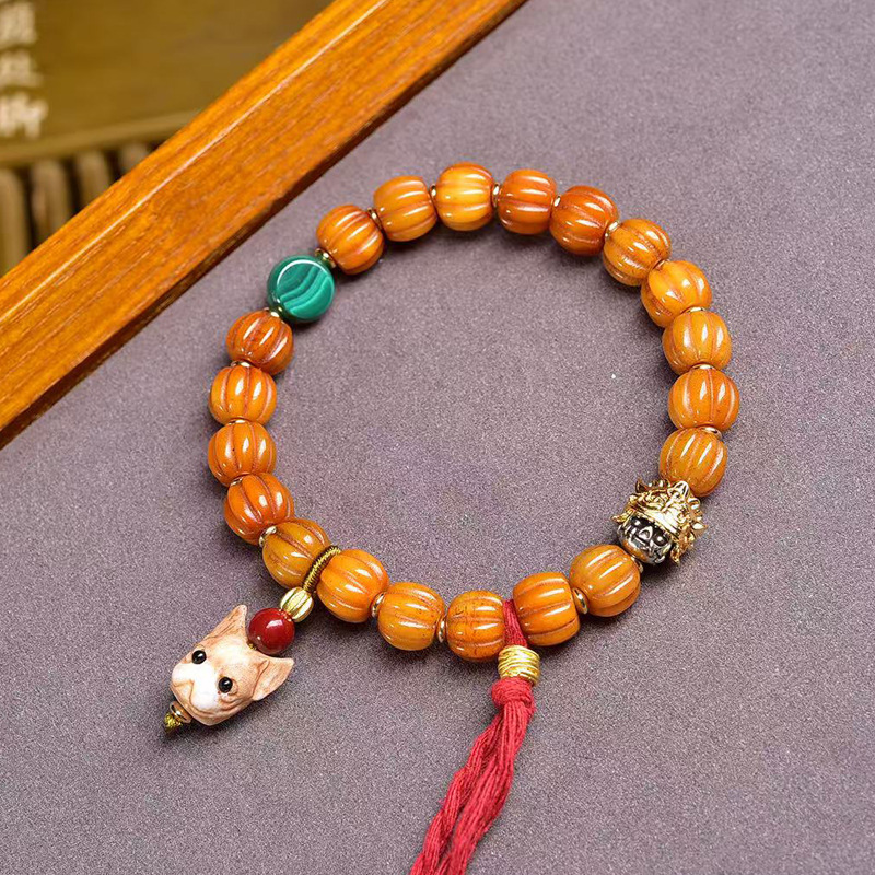 藏传回流骨雕刻瓜珠文玩手串单圈藏式佛珠孔雀石根付料器配饰手链