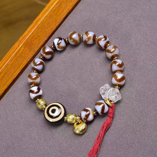 天然玛瑙虎牙天珠手串单圈藏式文玩佛珠白水晶板眼天珠配饰手链