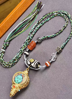 纯手工编织绳毛衣链可调节藏式文玩小唐卡绿度母宝螺吊坠复古项链
