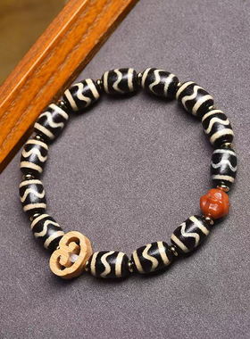 天然玛瑙水纹天珠文玩手串单圈藏式佛珠南红玛瑙佛头配饰复古手链