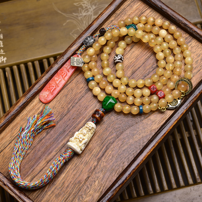 藏区羊角108颗佛珠念珠文玩多圈手串回流骨根付南红配饰复古脖挂