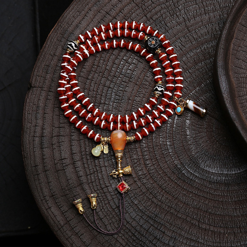 天然老西亚镶蚀线珠108颗佛珠项链缠丝玛瑙三通藏式复古毛衣链