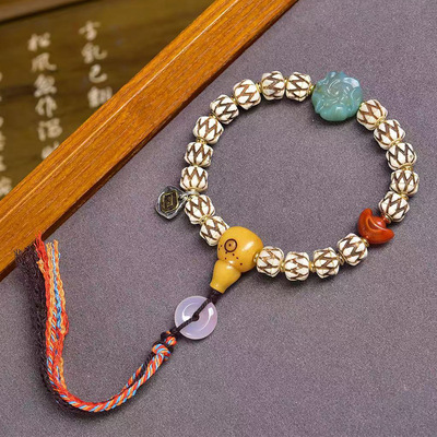 藏传回流骨雕刻吞噬手串桶珠单圈藏式文玩佛珠玛瑙料器配饰手链