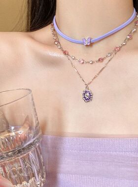 多层叠戴蝴蝶皮革项链女甜酷风