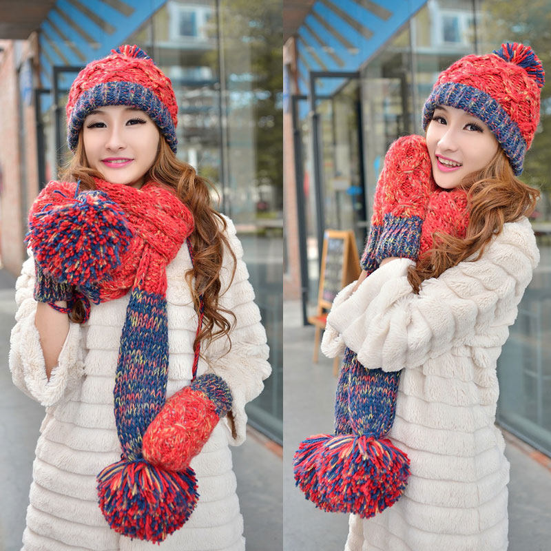 여성을위한 생일 선물 모자 겨울 한국어 버전 따뜻한 색상 매칭 원피스 모직 모자 스카프 장갑 3 피스 양복
