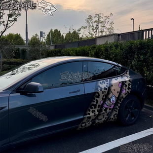 特斯拉车贴拉花豹纹凯蒂猫hello kitty艾瑞泽univ立柱C柱遮挡划痕