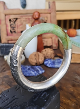 中国风原创孤品纯手工镶嵌修复老翡翠断镯足银小蚂蚁闭口复古手镯