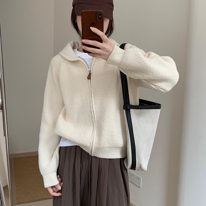 韩系翻领拉链纯色针织开衫女秋冬新款宽松百搭软糯高级感毛衣外套