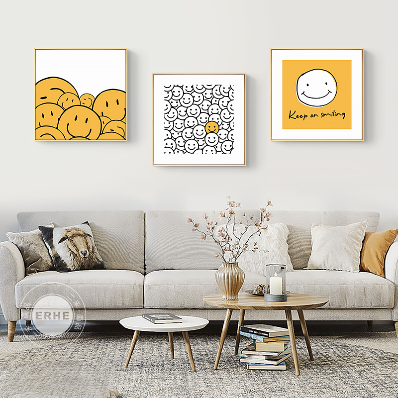 黄色笑脸北欧文艺emoji表情画客厅墙可爱装饰画ins风温馨餐厅挂画