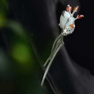 新中式 九九倾城原创 国风发饰和田玉南红小发钗925银发簪 相思