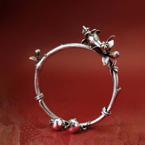 《初夏》九九倾城原创/石榴花银手镯足银石榴银铃铛复古国风银饰