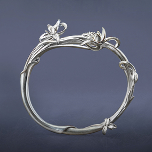 手工立体感兰草银手镯 九九倾城原创 国风诗意足银手镯女 寻兰