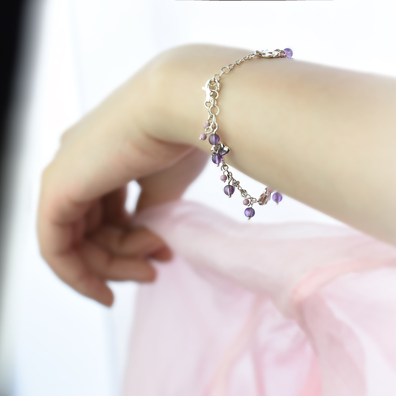 九九倾城上觉原创紫藤花925银手链女纯银佛铃花紫藤萝紫水晶云母