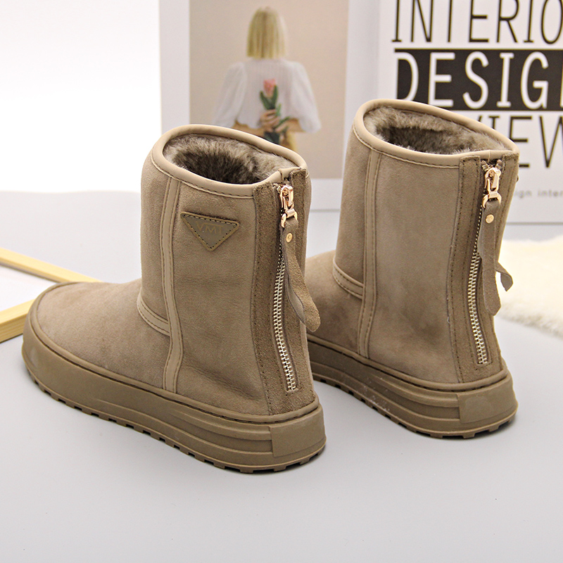 羊皮毛一体雪地靴防滑拉链中筒靴