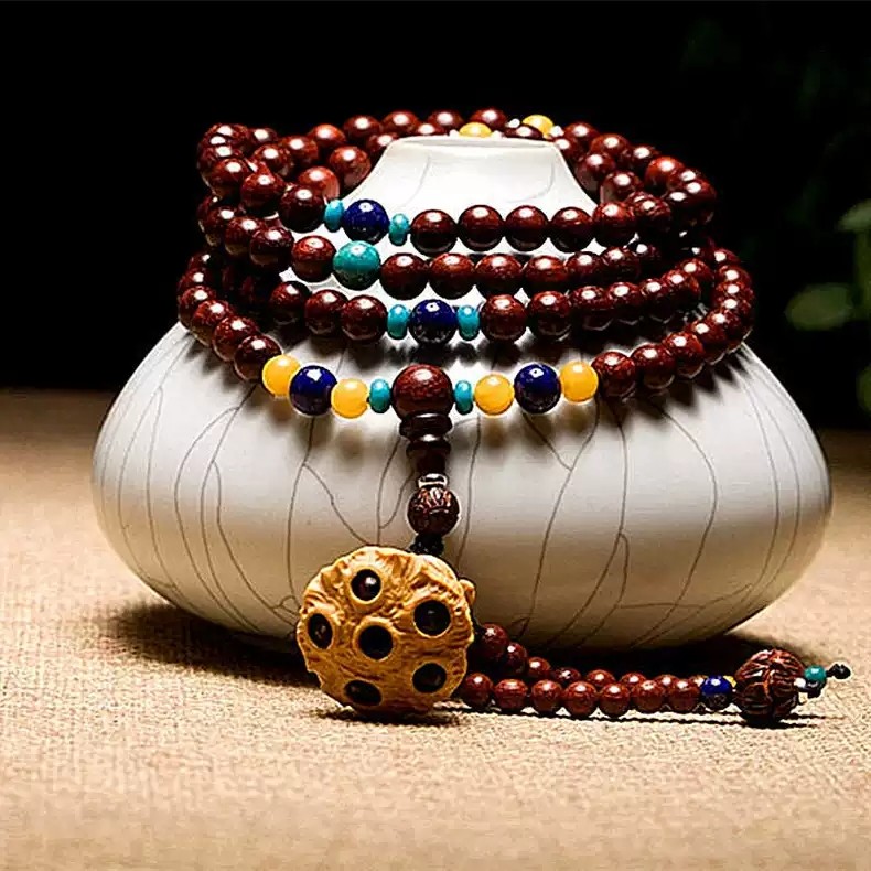 天然保真印度小叶紫檀佛珠手串搭配天然蜜蜡原矿绿松石黄杨木莲蓬