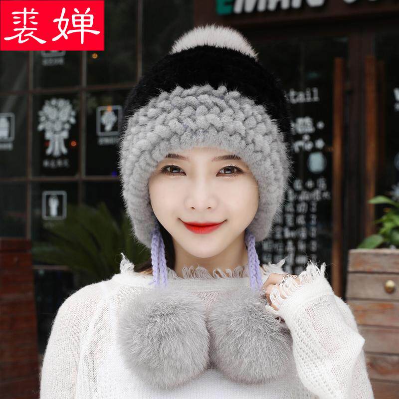 水貂毛皮草帽子女冬季洋气百搭甜美可爱保暖护耳貂皮帽大狐狸毛球