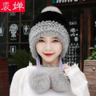 水貂毛皮草帽子女冬季洋气百搭甜美可爱保暖护耳貂皮帽大狐狸毛球