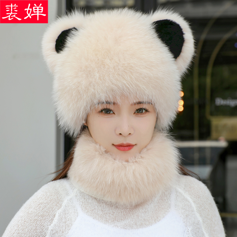 新款真狐狸毛帽子脖套两件套女冬季保暖护耳可爱熊耳朵皮草风雪帽