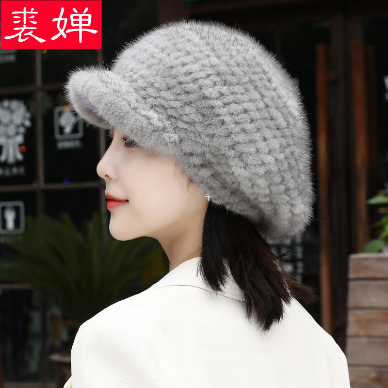 网红水貂毛贝雷皮草ins鸭舌帽子