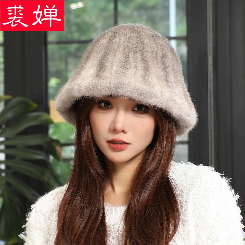 水貂毛渔夫帽女秋冬季真皮草保暖韩版百搭貂皮礼帽日系显脸小盆帽