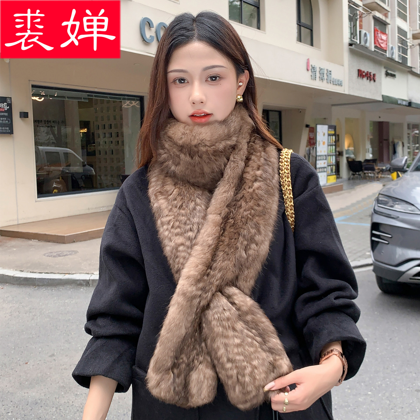 兔毛编织皮草围巾女冬季加长款双面真毛围脖加厚保暖时尚百搭毛领
