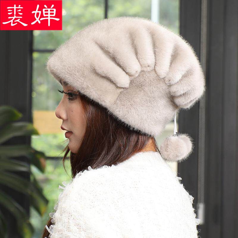 仿水貂毛帽子女冬季加厚保暖护耳韩版百搭堆堆帽中老年妈妈圣诞帽