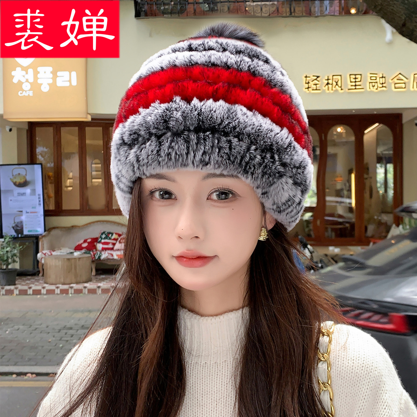 獭兔毛皮草帽子女冬季韩版百搭狐狸毛球包头帽保暖护耳真毛妈妈帽