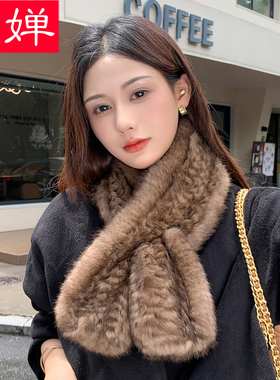 韩版百搭兔毛编织皮草围巾女冬季加厚保暖气质围脖高级感交叉毛领