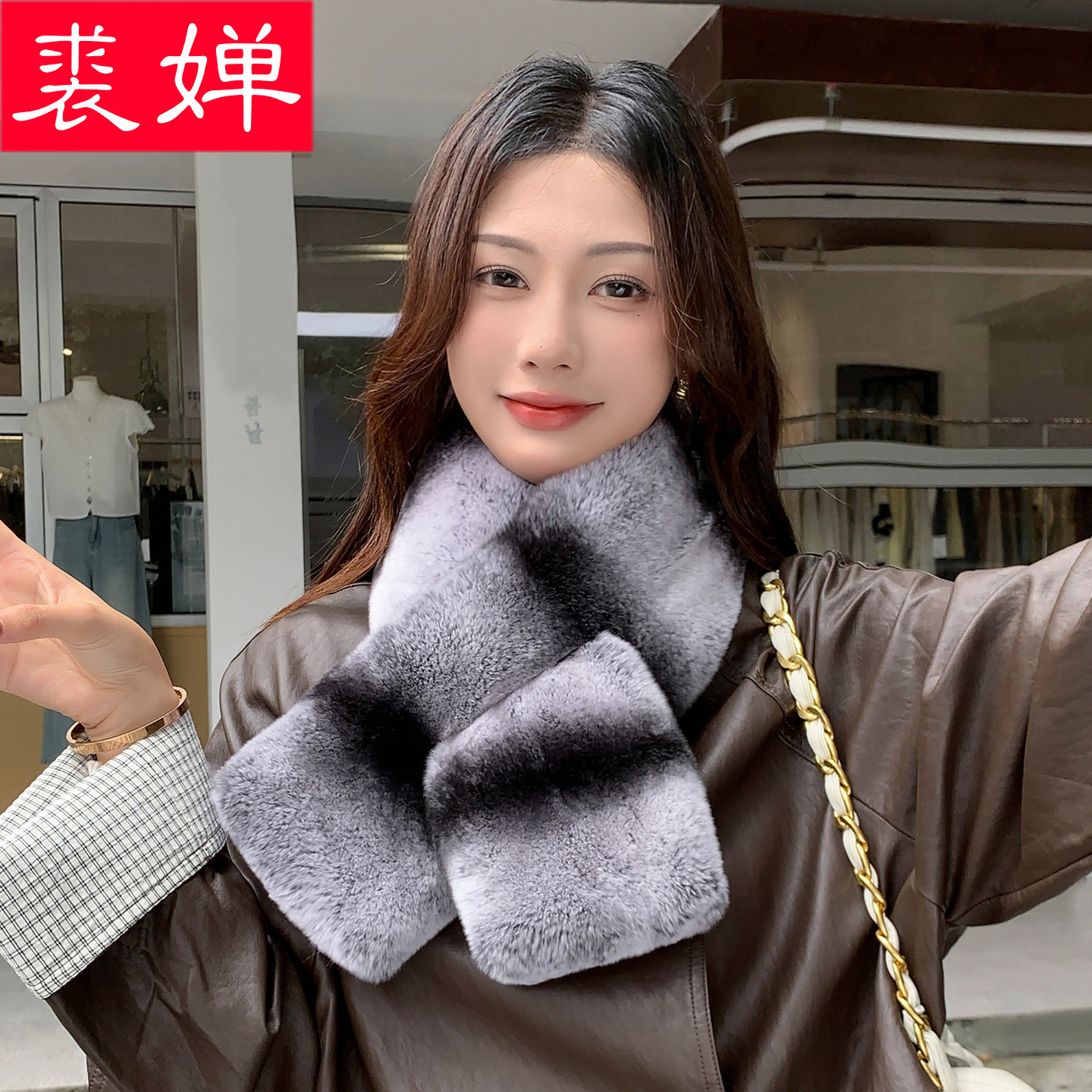 高级感獭兔毛整皮围巾女冬季加厚保暖双面皮草青紫蓝围脖时尚百搭