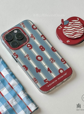 南山所 原创ins雾霾蓝红苹果磁吸镜子手机壳iPhone1716ProMax/154/13华为p67080全包翻盖支架复古竖纹女防摔
