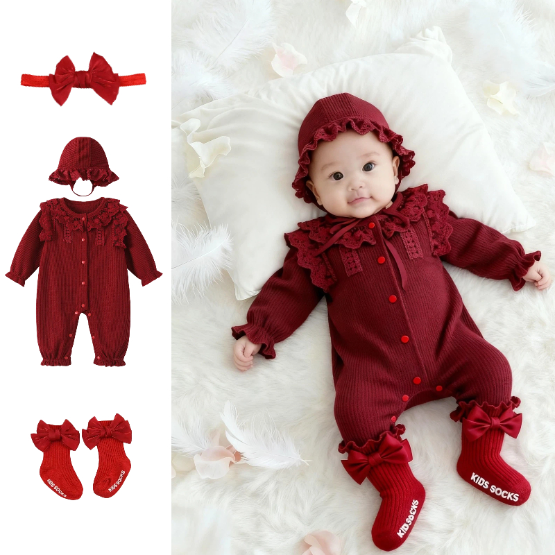 新生婴儿小月龄公主风衣服女宝宝红色连体衣女孩子满月宴洋气秋装