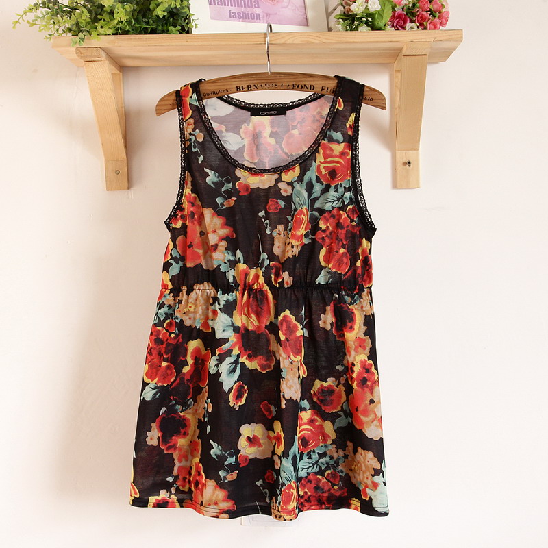 春夏装新款欧美单小衫女印花图案修身花朵圆领小背心打底衫