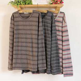 春装新款 男装日系条纹提花圆领打底衫长袖T恤外贸原单大码男