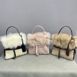 时尚羊羔毛拼接狐狸毛真毛手提女包2025新款洋气宴会复古软斜挎包