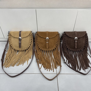 流苏磨砂皮拼接牛皮女包2025新款洋气个性真皮软单肩斜挎包潮包