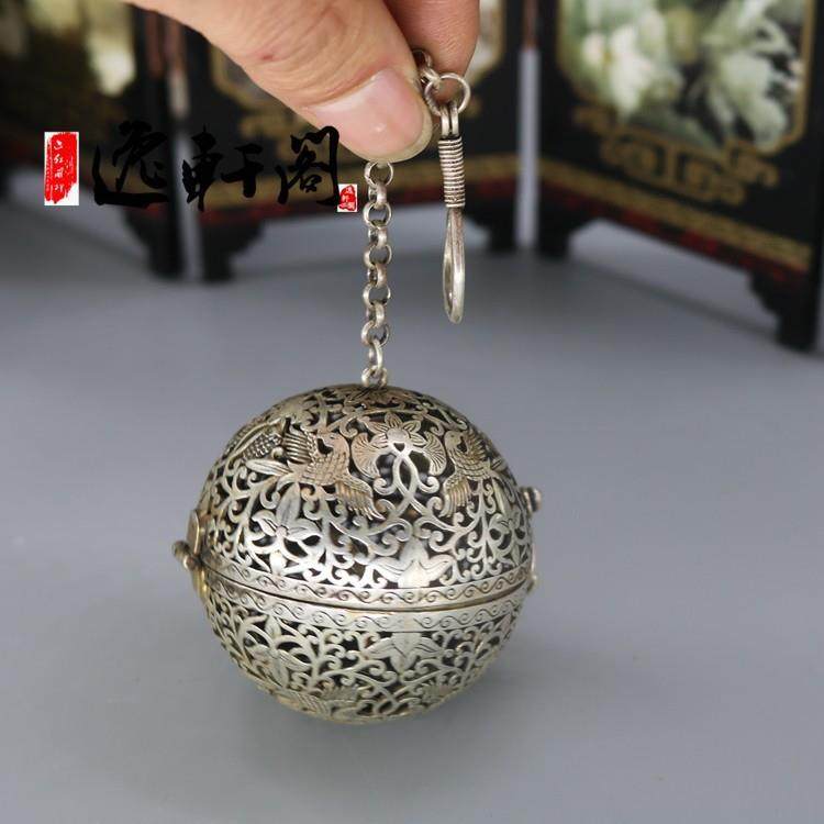 古玩精品古银器葡萄花鸟纹银香囊香球陀螺平衡球镂空雕刻