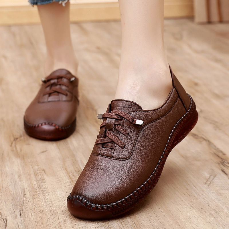 舒适系带深口牛皮防滑软底女鞋