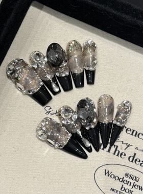 艺禾纯手工穿戴甲黑色法式轻奢风暗黑辣妹满钻深夜繁星爆闪大钻