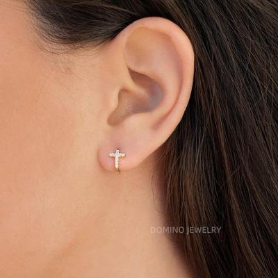 镶钻十字架耳扣S925纯银防敏耳环