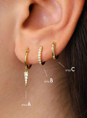 叠戴搭配~锆石耳圈通体925纯银女时尚极简耳扣气质耳环养耳洞ins