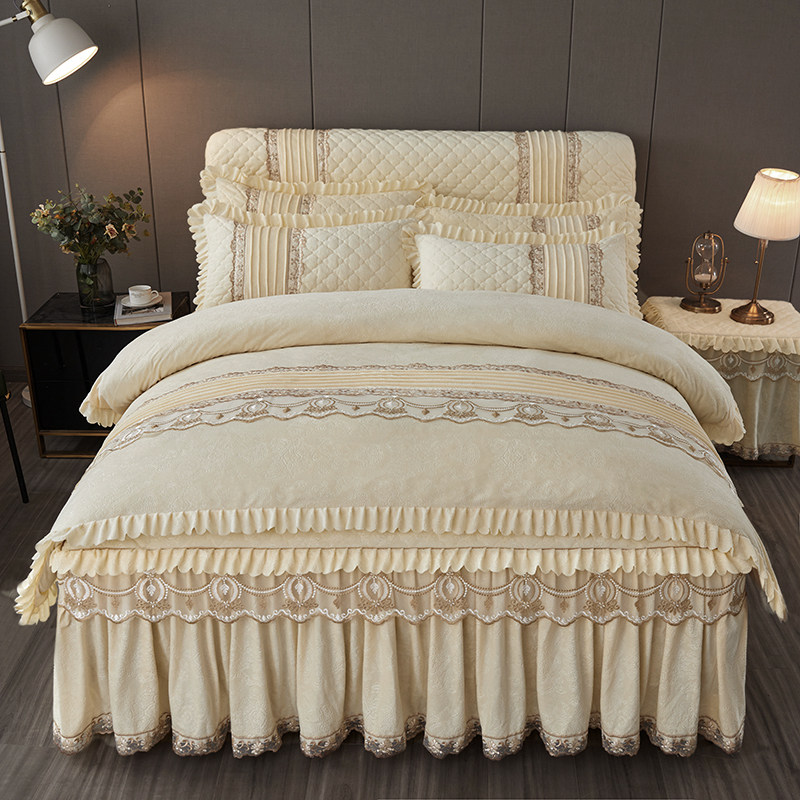 新款加厚水晶绒床裙式床罩四件套保暖牛奶法兰绒双面床单被套冬季
