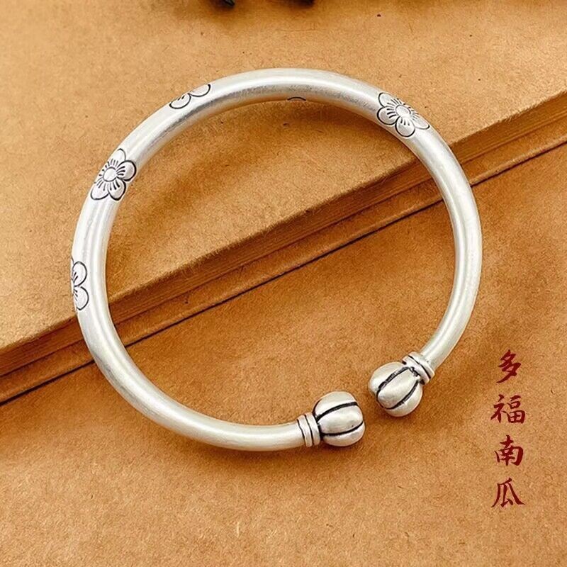 多福南瓜头银手镯女S999纯银复古梅花开口足银贵妃镯子中国风银饰