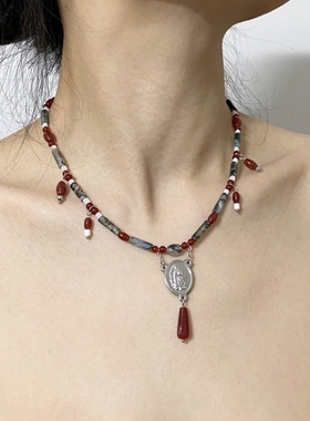 LYUMIN原创新中式摇滚祷告系列国风复古小众红色玛瑙水滴项链2022