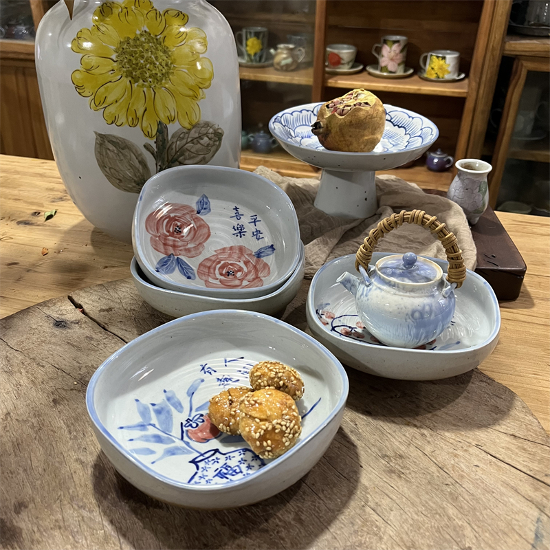 禾器手作陶泥碟手绘青花釉下陶瓷餐具餐盘书法点心碟小菜盘火㶽碟