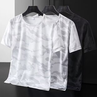 宽松加肥加大码 超薄款 T恤速干透气网眼上衣潮 女夏季 迷彩冰丝短袖